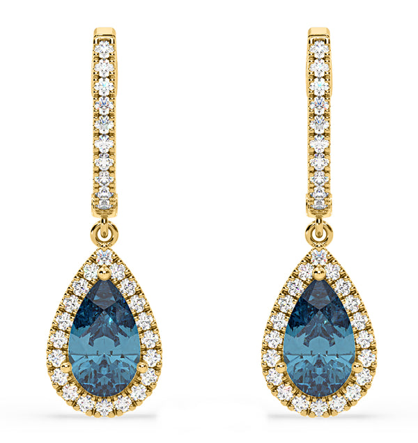 Diana Blue Lab Diamond 2.60ct Pear Halo Drop Earrings in 18K Yellow Gold - Elara Collection